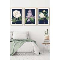 ARTZE Set of 3 Oak Framed Vintage Flowers Lilac, Peony & Camellia on Navy Blue Wall Art | Size: W33 cm x H45 cm x D20mm