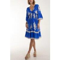 HOXTON GAL Women's Relaxed Fit 3/4 Sleeves V Neck Printed Knee Lenght Dress in Blue