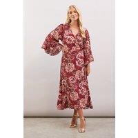 Wallis Women's Petite Floral Print Viscose Wrap Dress in Burgundy | Size: 10