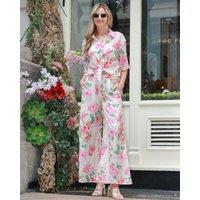 CY Women's Multi Floral Print Cotton Blend Short Sleeves & Trousers Co-Ords Suits In Pink | Size: Medium/Large