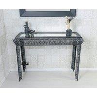 Downton Interiors Black Embossed Metal Mirrored Glass Console Table - Agadir range | Size: Medium