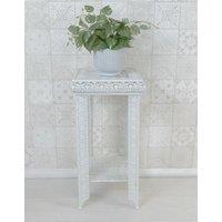 Downton Interiors White Embossed Metal Mirrored Glass Side Table with Shelf - Agadir Range | Size: Medium