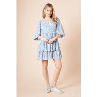 Dorothy Perkins Women's Blue Wrap Front Tiered Blouson Sleeve Mini Dress | Size: 14