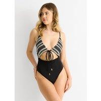 Gini London Women's Black Crochet Textured Tie Front Cutout Swimsuit | Size: 8