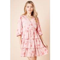 Dorothy Perkins Women's Pink Wrap Front Tiered Blouson Sleeve Mini Dress | Size: 16