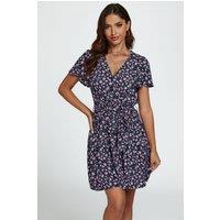 FS Collection Women's Floral Print Hem Tiered Wrap Mini Dress in Navy | Size: Large