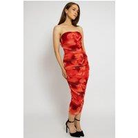 Cutie London Women's Abstract Print Ruched Strapless Midi Dress in Red