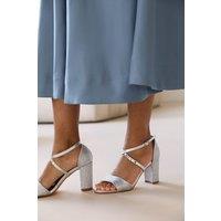 Where's That From Women's 'Aceline' Mid High Block Heel Sandals With Cross Over Ankle Strap in Silver | Size: 7