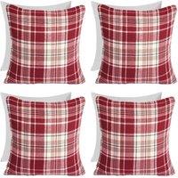 OHS Woven Check Cushion Covers Tartan Pack of 4 Filled Case Pad Set Home in Red | Size: 45 cm x 45 cm