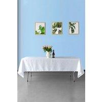 Neel Blue Damask Table Cloth, Overlay Swirl Pattern Dinner Table Cover in White