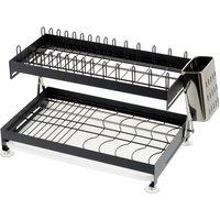 Living and Home 2-Tier Folding Carbon Steel Dish Drainer Rack with Kitchenware Holder in Black