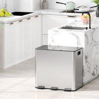 HOMCOM 3 x 15L Triple Kitchen Bin Pedal Bin for Recycling & Waste, Silver Tone