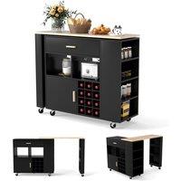 Gymax Kitchen Island Wine Bar Table Combo Reversible Mobile Serving Cart in Black