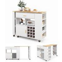Gymax Kitchen Island Wine Bar Table Combo Reversible Mobile Serving Cart in White