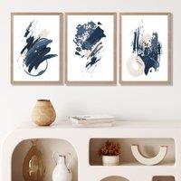ARTZE Set of 3 Blue Abstract Minimal Wall Art Prints / Size: A2 / Oak Frame in Dark Blue