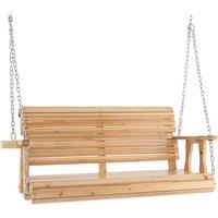 Costway Outdoor Porch Hanging Swing Chair Wooden Garden Swing Bench W/ Cup Holders in Natural