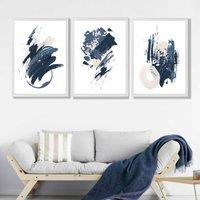 ARTZE Set of 3 Blue Abstract Minimal Wall Art Prints / Size: A3 / White Frame in Dark Blue | Size: W53 cm x H53 cm x D20mm