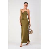 MissPap Women's Tie Detail Strappy Satin Maxi Dress in Olive | Size: 16