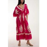 HOXTON GAL Women's Relaxed Fit 3/4 Sleeves V Neck Printed Maxi Dress in Fuchsia