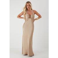 MissPap Women's Ruched Bust Cup Halter Neck Maxi Dress in Champagne | Size: 14