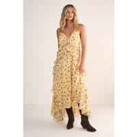 NastyGal Women's Polka Dot Ruffle Tie Front Maxi Dress in Lemon | Size: 8