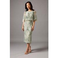Coast Women's Floral Embellished Cape Midi Dress in Sage | Size: 8