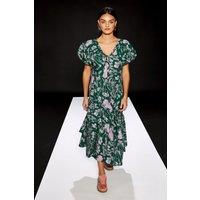 RUNWAY 1.8.1.8 Women's Short Puff Sleeve Asymmetric Hem Midi Dress in Green | Size: 12