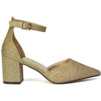 XY London Women's 'Bronte' Pointed Toe Strappy Mid Block Heel Sandal Court Shoe in Gold | Size: 4
