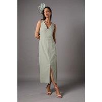 V Neck Crepe Column Midi Dress