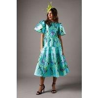 Coast Women's Twill Puff Sleeve Printed Midi Dress in Green | Size: 8