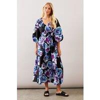 Wallis Women's Petite Floral Ruched Waist Midaxi Tea Dress in Black | Size: 16