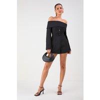 MissPap Women's Bardot Fold Over Detail Button Playsuit in Black | Size: 8