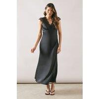 Wallis Women's Satin Lace Trim Bias Midaxi Dress in Black | Size: 16