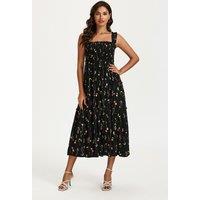 FS Collection Women's Floral Print Hem Detail Tiered Maxi Dress In Black | Size: XS