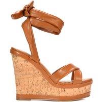 XY London Women's 'Kammie' Lace Up Strappy Cork Platform Wedge Heel Sandal Shoes in Tan | Size: 4