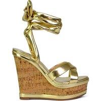 XY London Women's 'Kammie' Lace Up Strappy Cork Platform Wedge Heel Sandal Shoes in Metallic Gold | Size: 4