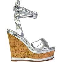 XY London Women's 'Kammie' Lace Up Strappy Cork Platform Wedge Heel Sandal Shoes in Metallic Silver | Size: 4