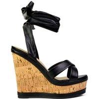 XY London Women's 'Kammie' Lace Up Strappy Cork Platform Wedge Heel Sandal Shoes in Black | Size: 4