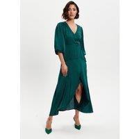 Liquorish Women's Dark Green Midi Wrap Dress With Short Puff Sleeves | Size: 8