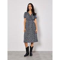 Apricot Women's Floral Fruit Wrap Midi Dress in Navy | Size: 14
