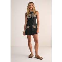 NastyGal Women's Cotton Embroidered Button Through Sleeveless Mini Dress in Black | Size: 6