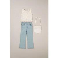 Miss Girl's Broderie Crop Top, Jeans & Bag Outfit Set in Cream | Size: 5 Years