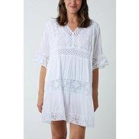 HOXTON GAL Women's Oversized 3/4 Sleeves Lace Detailed V Neck Mini Dress in White