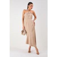 MissPap Women's Satin One Shoulder Asymmetric Maxi Dress in Champagne | Size: 16