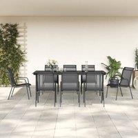 9 Piece Garden Dining Set Black Steel and Textilene