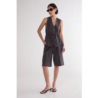 NastyGal Women's Pinstripe Tie Waist Tailored Jorts in Grey | Size: 4