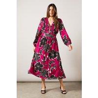 Wallis Women's Floral Pin Tuck Detail Zip Midi Dress in Raspberry | Size: 12