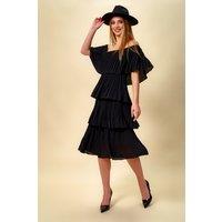 HOXTON GAL Women's Oversized Black Off-The Shoulder Midi Tiered Layered Dress