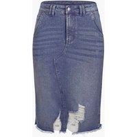 Enorsia Women's Distressed Knee Length Denim Skirt in Mid Blue | Size: 16