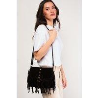Faith Women's : Solindra Suede Stud Detail Tassel Cross Body Bag in Natural Black